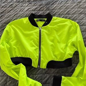 Zara neon, green zip up crop nylon hoodie new xs